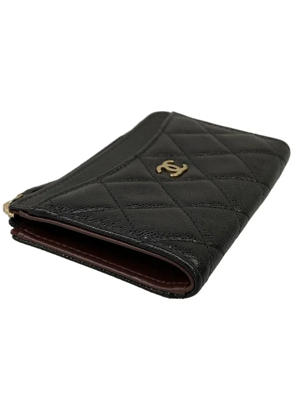 Chanel Coin Purse Classic Zip Card Case Quilted Black Gold CC Logo L-shaped